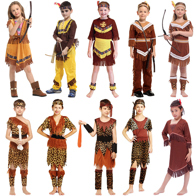 Children's Savage Costumes African Native Primitive Clothes Dance Leopard Print Costumes Hunter Indian Performance Costumes