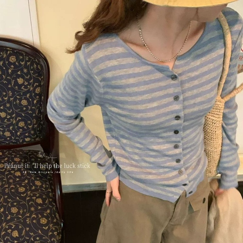 【Core-spun yarn washable】Korean style color-block striped slim-fit knitted cardigan for women, new autumn versatile long-sleeve top