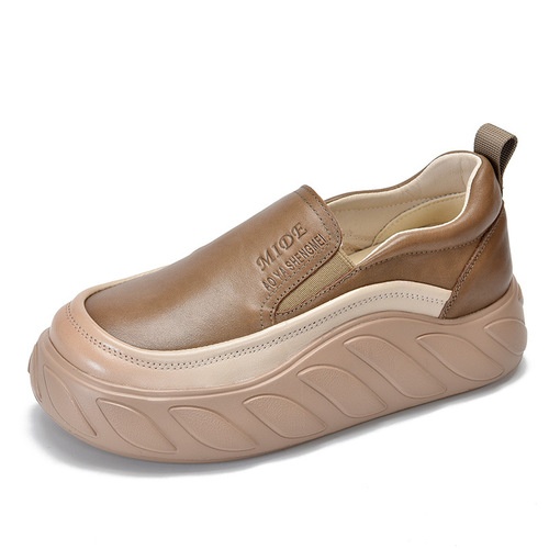 2024 Spring New Genuine Leather Shoes Light Thick-soled Slip-on Lazy Shoes Round Toe Medium Heel Retro Casual Shoes for Women
