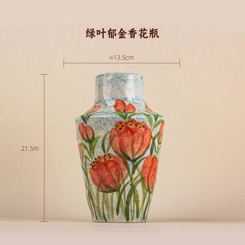 景德镇手工油画花瓶干花家居装饰电视柜摆件酒柜电视柜陶瓷小花器|undefined