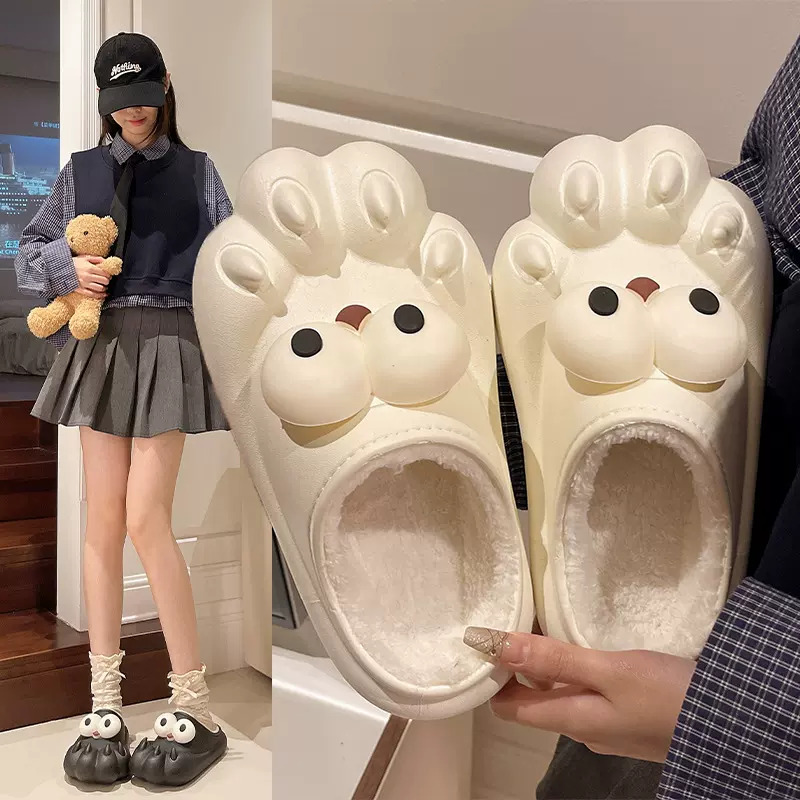 跨境冬季室内猫爪子保暖鞋情侣拖鞋男女棉鞋可爱大眼狗卡通居家拖