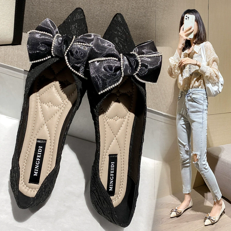 2023 Весенне-осенние туфли на плоской подошве с острым носком Женские Туфли-бобы больших размеров с бантом Женские нежные туфли с мелким ртом для позднего вечера