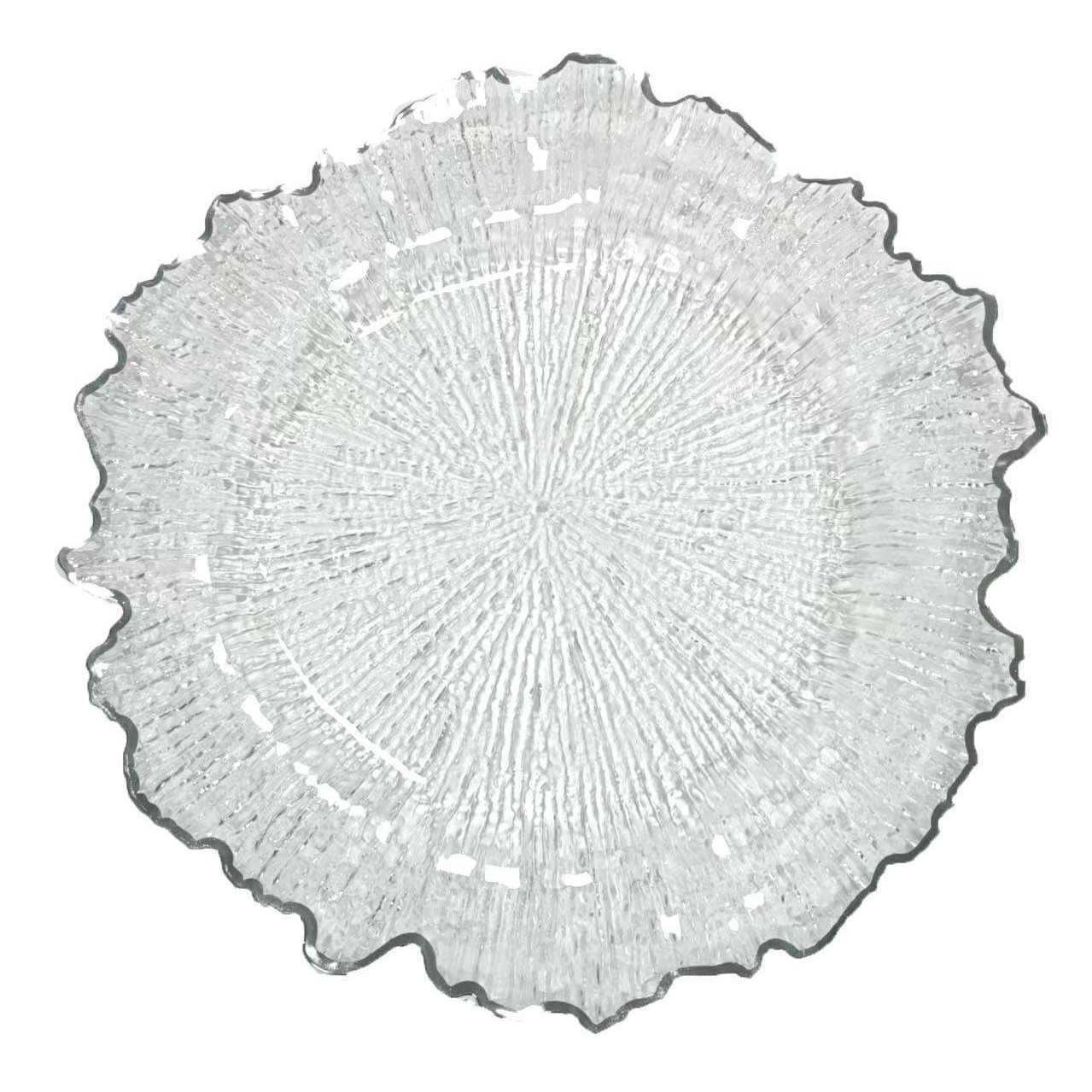 Nuevo diseño de decoración de mesa de boda plástico transparente cargador de borde irregular placa de melamina transparente redonda