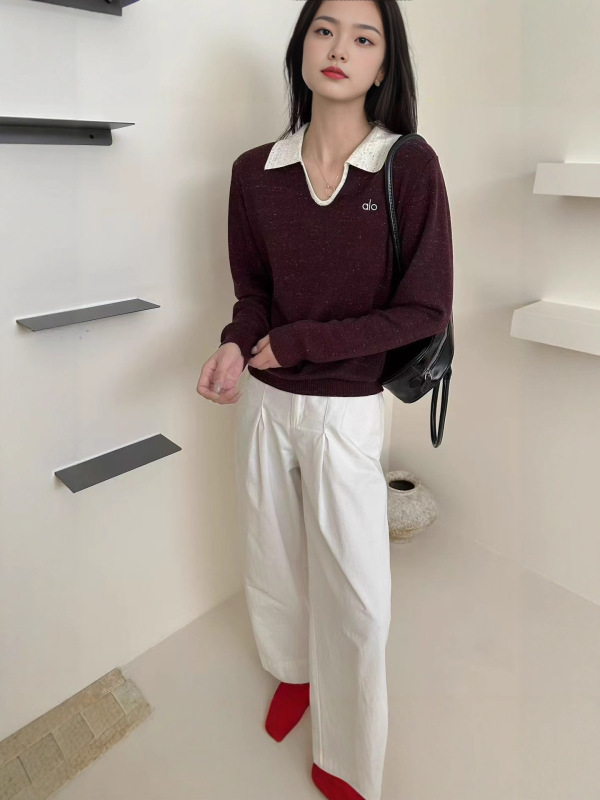 设计感翻领长袖针织衫女2025字母韩系穿搭秋季女装宽松打底衫上衣|undefined