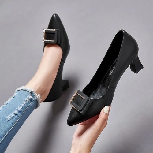 Mom's High Heels Women's Wedding Party Thick Heel Autumn Leather Shoes Non-Binding Soft Sole Comfortable  New Soft Leather Single Shoes
