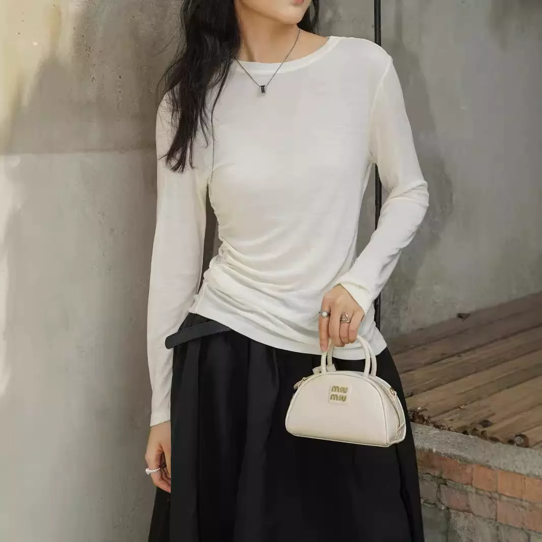 新款显瘦微透圆领羊毛修身抽褶上衣女长袖针织打底衫4506