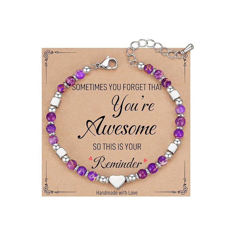 Cross-Border European and American New Heart-Shaped Beaded Stainless Steel Bracelet Natural Stone Powder Zebra Emperor Pine Fashion Versatile Jewelry