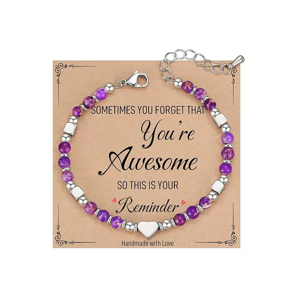 Cross-Border European and American New Heart-Shaped Beaded Stainless Steel Bracelet Natural Stone Powder Zebra Emperor Pine Fashion Versatile Jewelry