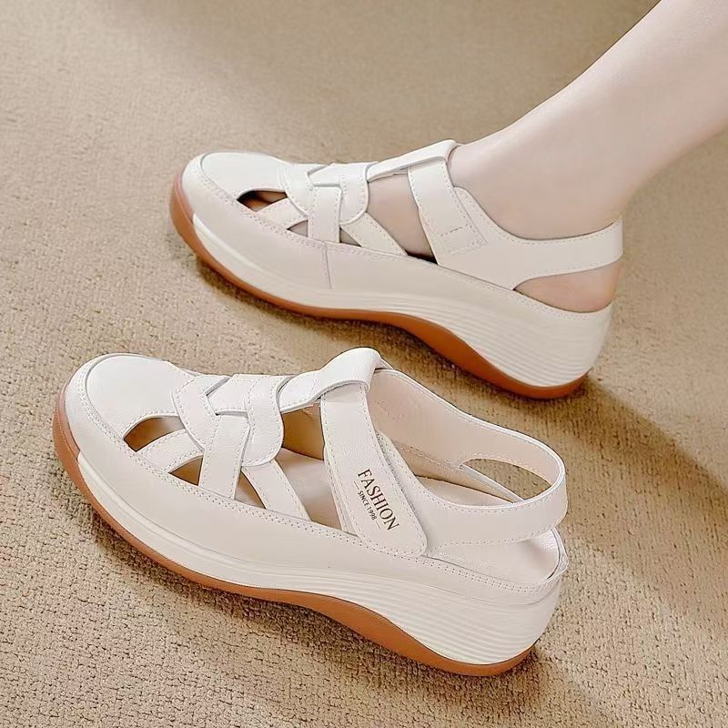 Cross-Border Wedge Sandals for Women, Hollow Breathable Women's Foreign Trade Thick-Soled Outer Wear Velcro Women's Clogs Wholesale