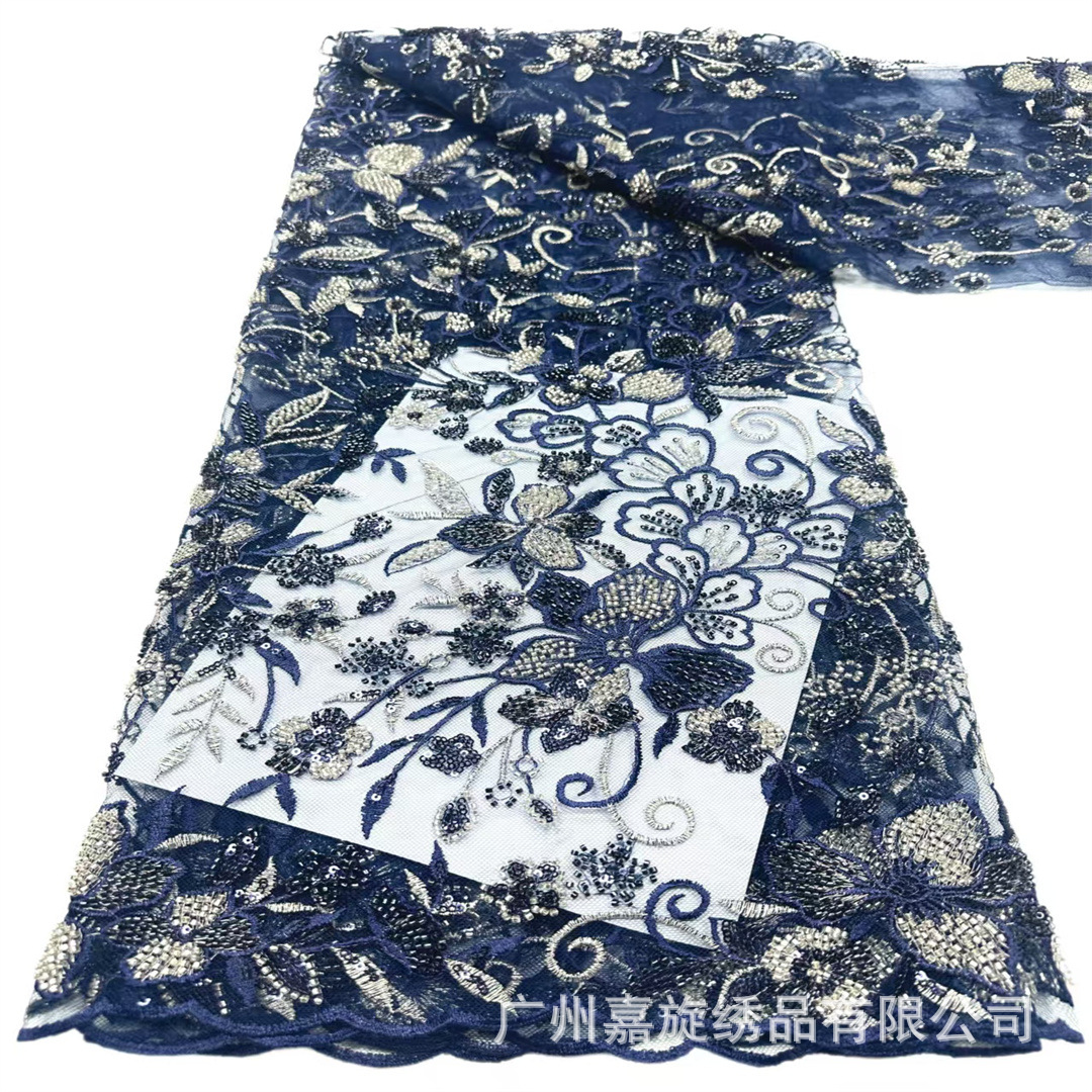 Tela de bordado pesado con diseño floral de una sola cara, lentejuelas con cuentas, adecuada para vestidos de novia, vestidos de noche y encaje de qipao.