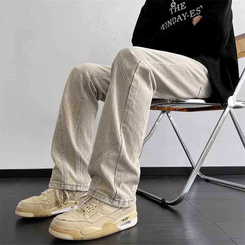Pantalones retro estadounidenses, jeans teñidos de barro amarillo lavados en la calle, jeans rectos delgados y delgados para hombres