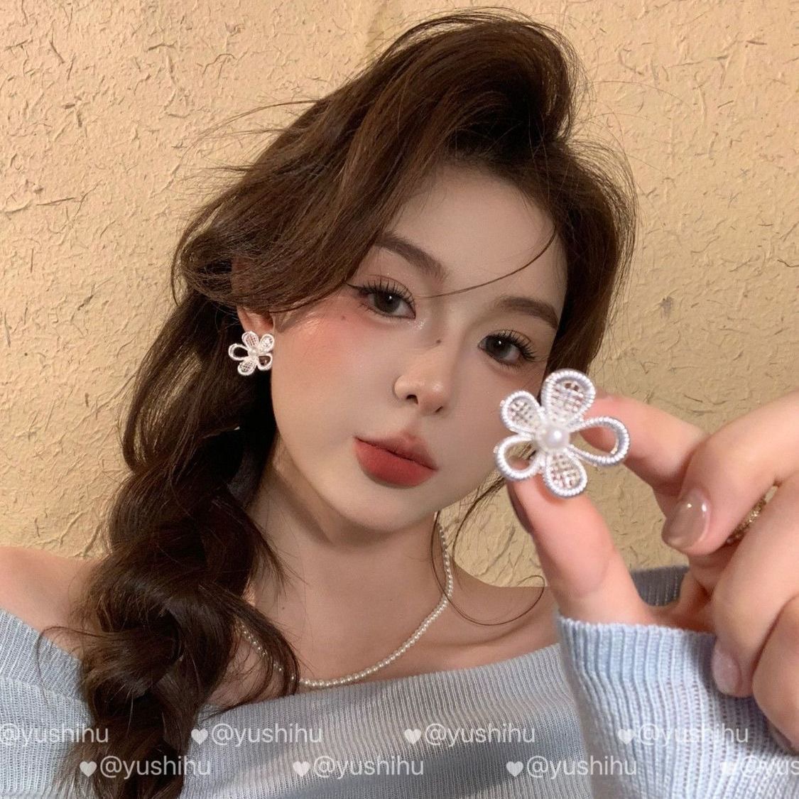 30 # Silver mesh flower hollow earrings