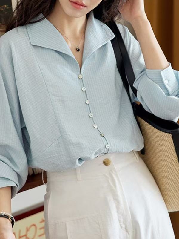 Morirose 蓝绿条纹翻领排扣长袖衬衫女秋季法式复古气质通勤上衣|undefined