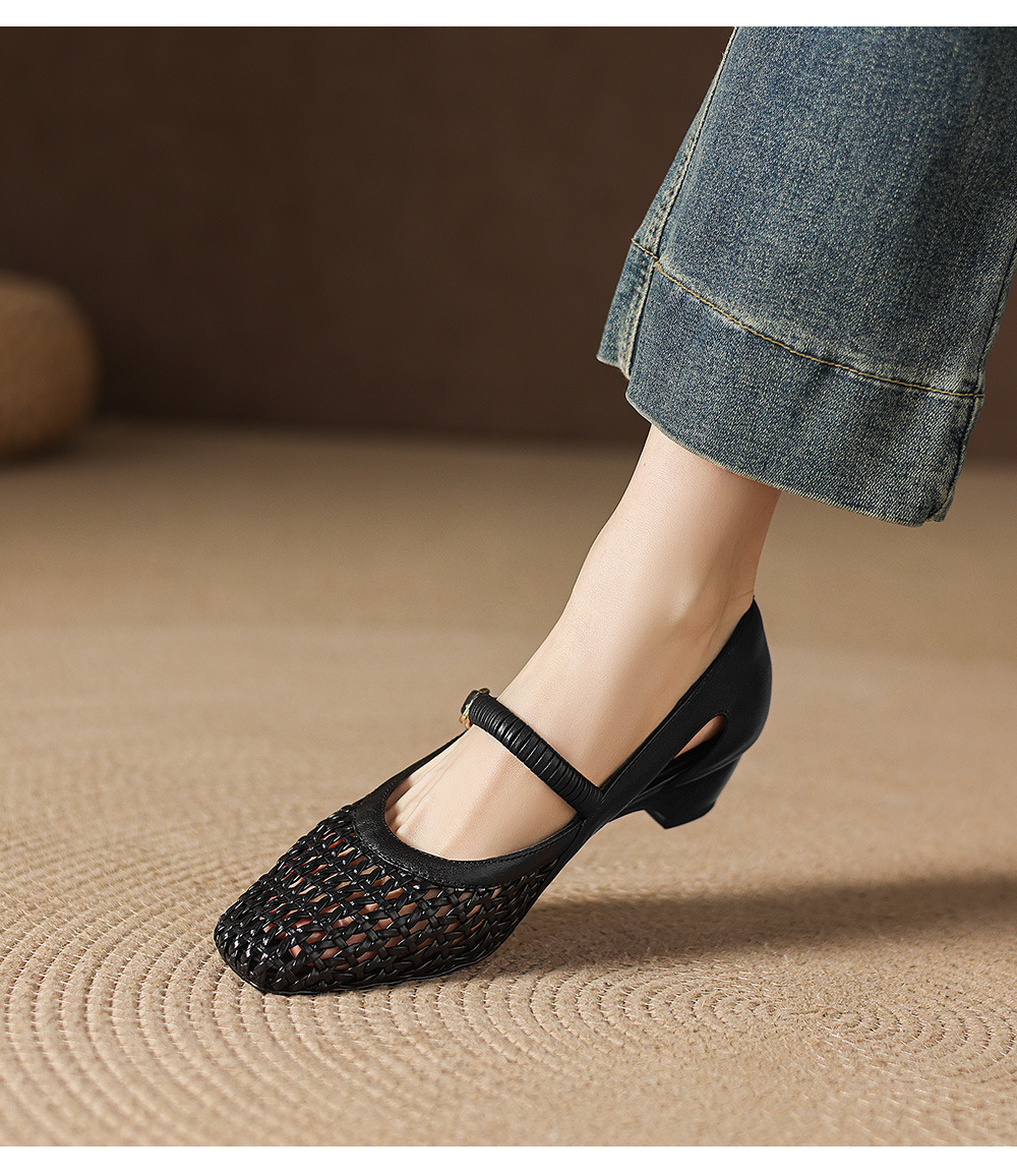 Giày sandal nữ gót thấp 3 cm mũi vuông hở bên da cừu đi làm — đen chi tiết 16