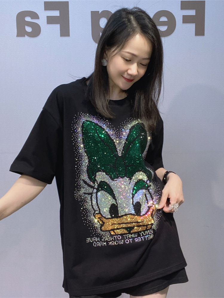 Camiseta de mangas cortas de gran tamaño de ropa de mujer americana de verano de diamante pesado caliente de cuello redondo de media manga de algodón