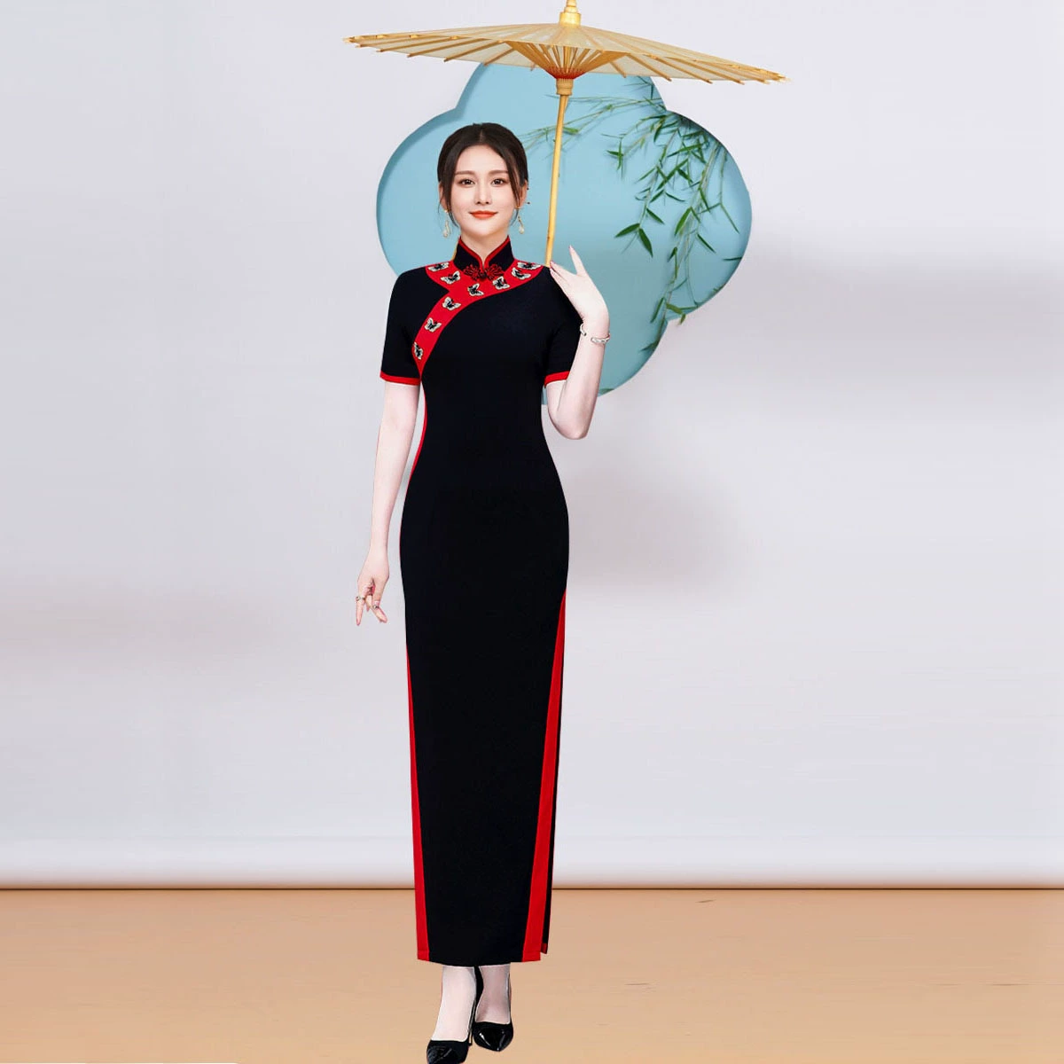 Подиум Performance Cheongsam 2023 Новое весеннее сценическое представление Модное красное с длинным коротким рукавом Ретро Ежегодная встреча Cheongsam