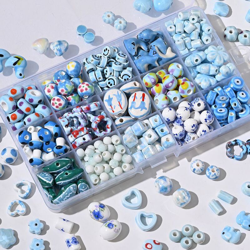 Blue Ceramic Beads Japanese Style Cute Shell Heart Loose Beads DIY Handmade Jewelry Accessories Bracelet Round Bead Material