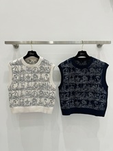 高定D家重工刺绣满身五角星花草字母针织背心马甲毛衣白色藏青色