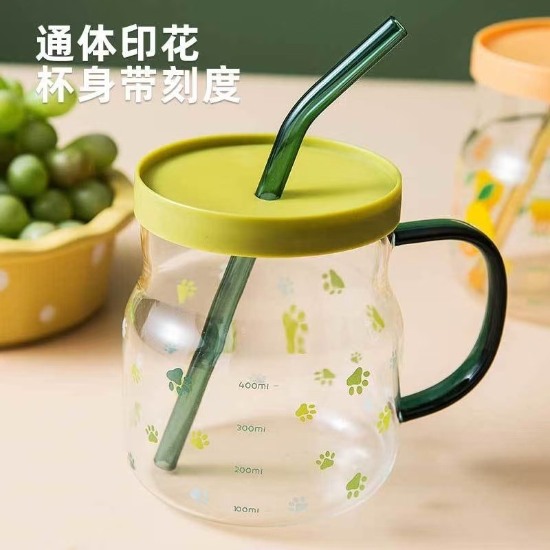 青苹果高颜值玻璃吸管杯女带刻度水杯耐热可微波情侣款马克杯带盖|undefined