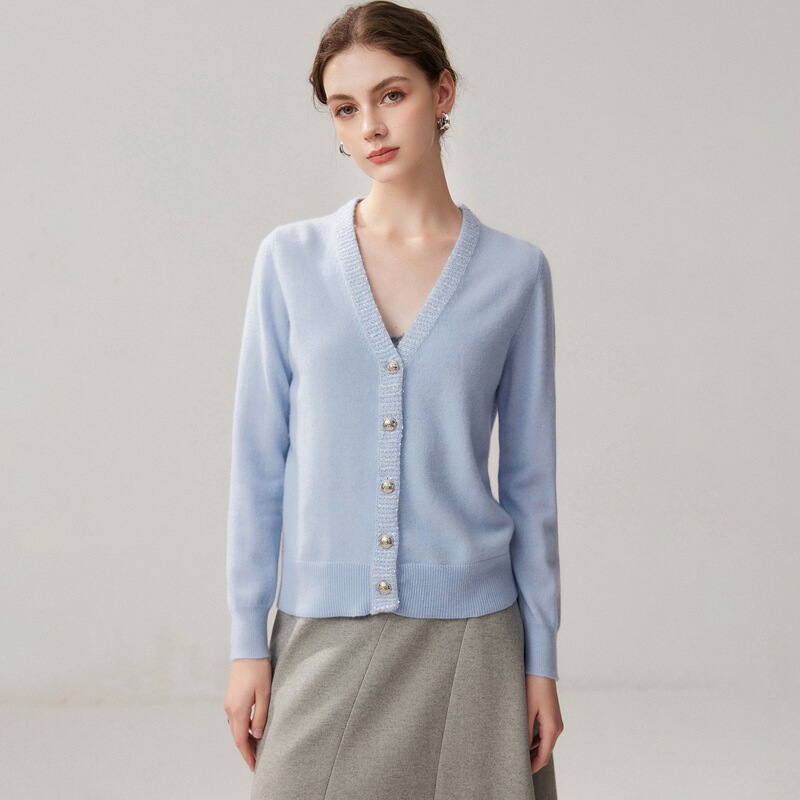 Sequin-embellished, Chanel-inspired cashmere cardigan for women, featuring a V-neck, lace trim, long sleeves, a slim fit, and a knitted sweater design, perfect as a base layer or outerwear for autumn and winter