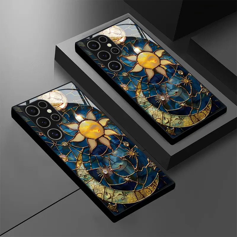 Foreign Trade List Gold-Plated Broken Glass Samsung S21 Ultra Glass Case Moon Sun Flower S24 Anti-Drop Phone Case