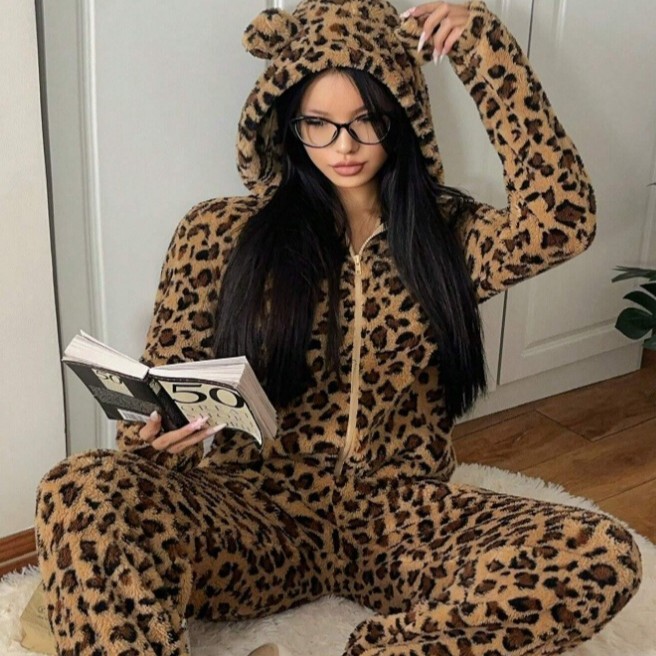 秋と冬の新しいワンピースホーム服ヒョウ柄パジャマコーラルベルベットフード付き耳かわいいジャンプスーツ|undefined
