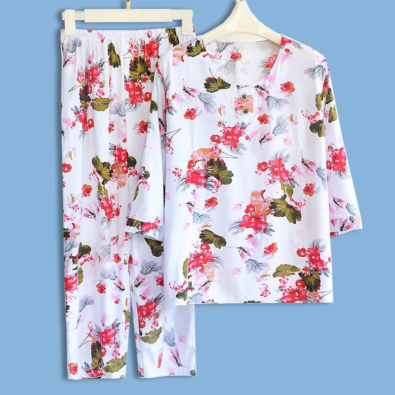 女性用綿シルクパジャマ、夏用薄手、中高年ママ、ゆったり綿シルクホーム服、七分袖お出かけスーツ|undefined