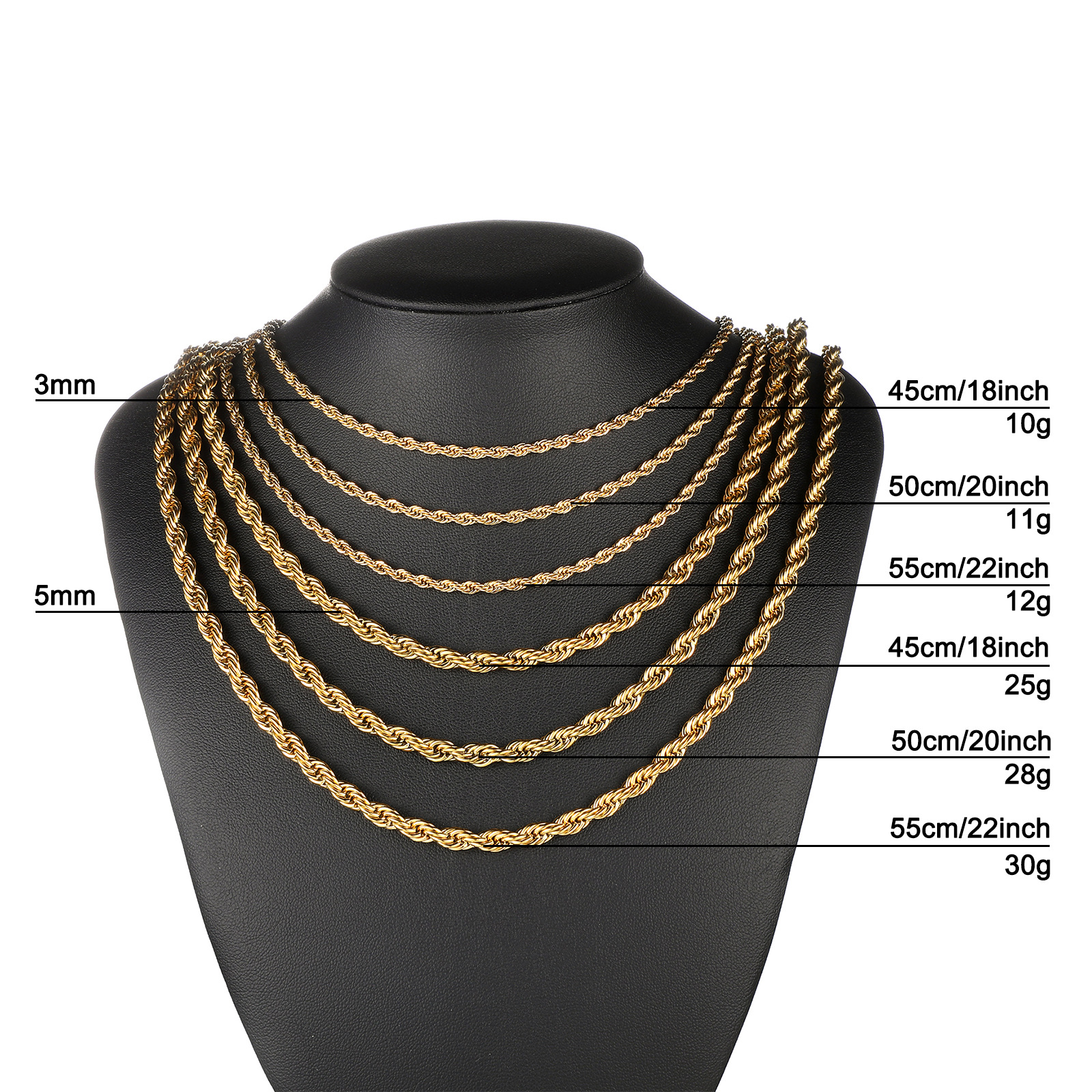 30g Weight 0.01µm Gold Plating Thickness PVD Coated Gold Plating Process Hip-Hop 201 Stainless Steel Twist Rope Chain Men Chain Necklaces