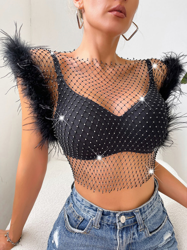 Export Trade New Style Hot Selling Slim Fit Dazzling Super Flash Ostrich Feather Sexy Rhinestone Fishnet Top XY20947 
