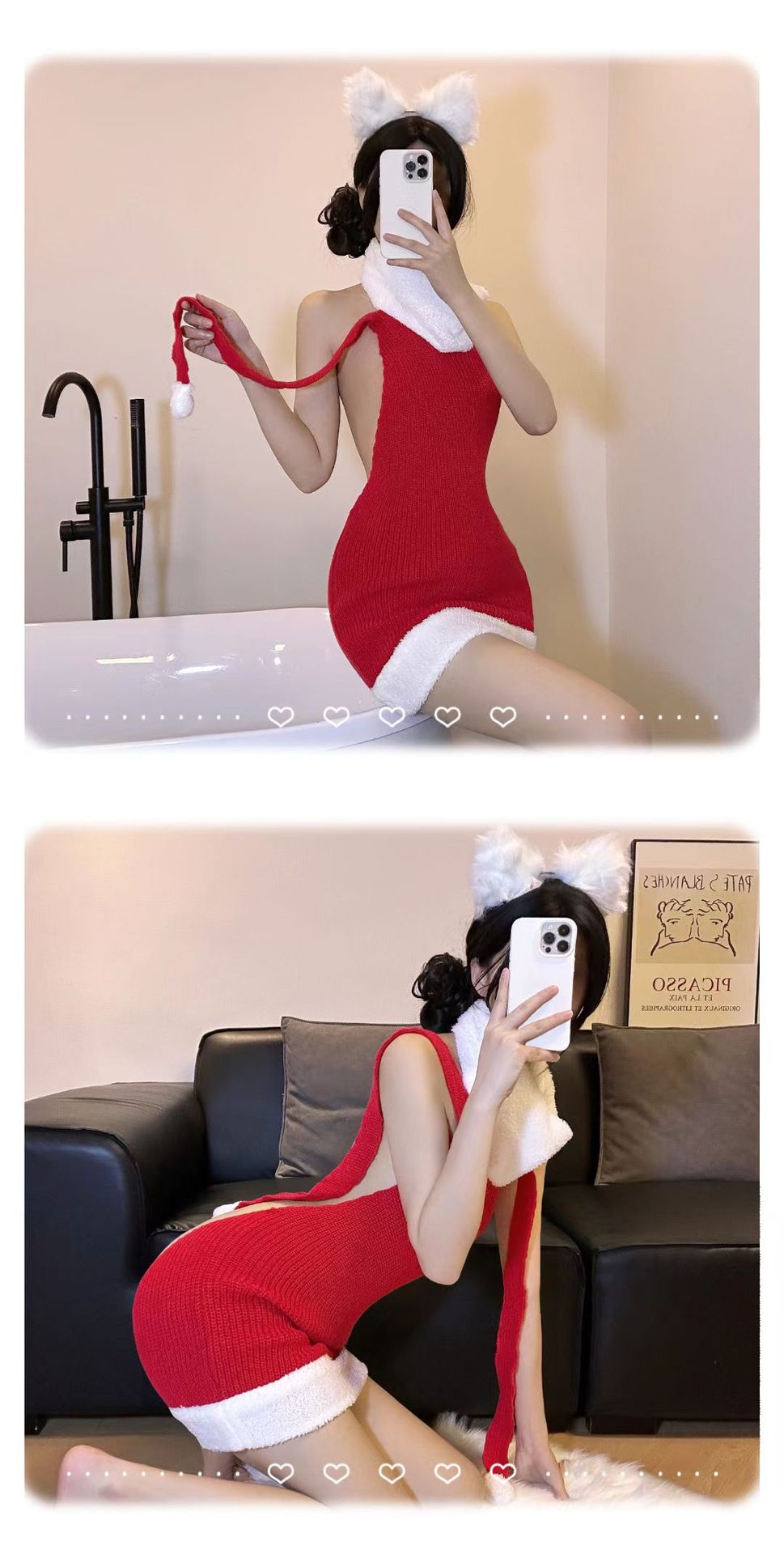 Red Christmas Cosplay Dress Set with Sweater, White Stockings and Bunny Ears — detail image 5