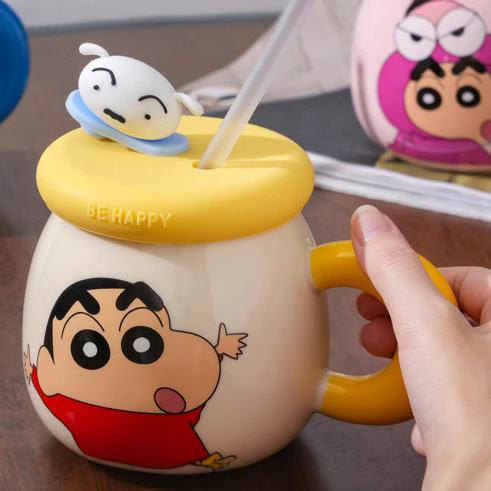 Crayon Shin-chan taza autorizada genuina con tapa con pajita taza pareja chica oficina taza de agua de alto valor