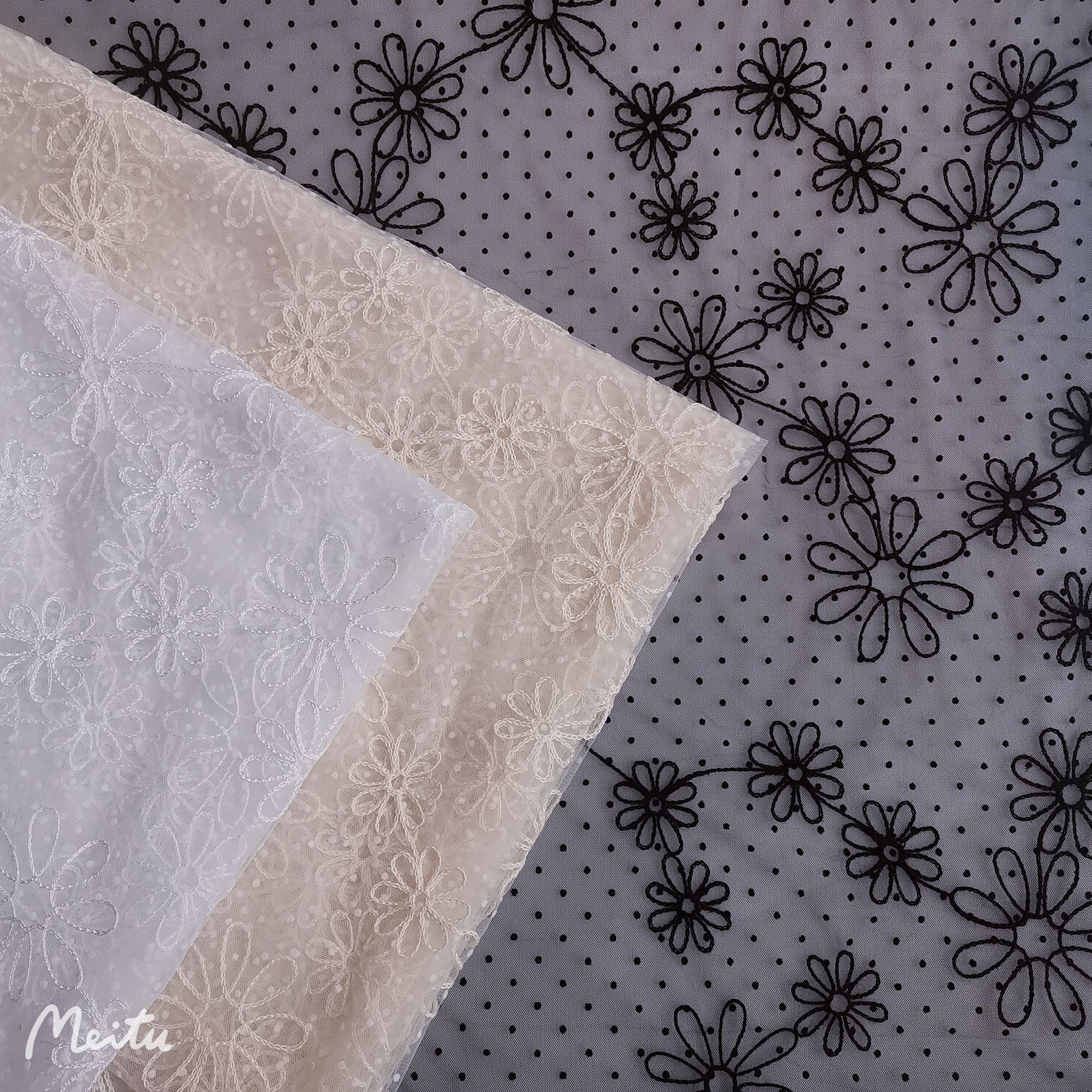 新款现货供应~仙美款特密美国网小Q点植绒大小花朵钩花 裙装面料