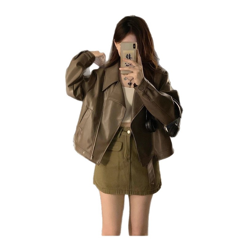 美式复古pu皮衣外套女2025春秋小个子宽松显瘦机车服短款夹克上衣|undefined