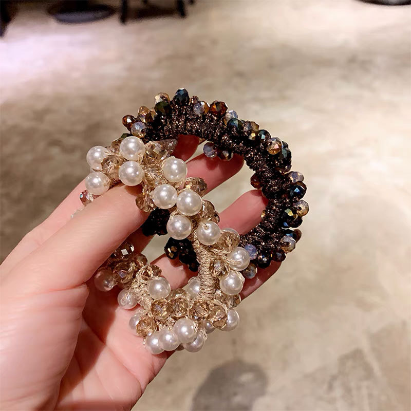 Estilo coreano elegante diadema perla cristal alta banda de Pelo elástico de las mujeres simple todo partido Cola de Caballo banda de goma bola accesorios para el cabello