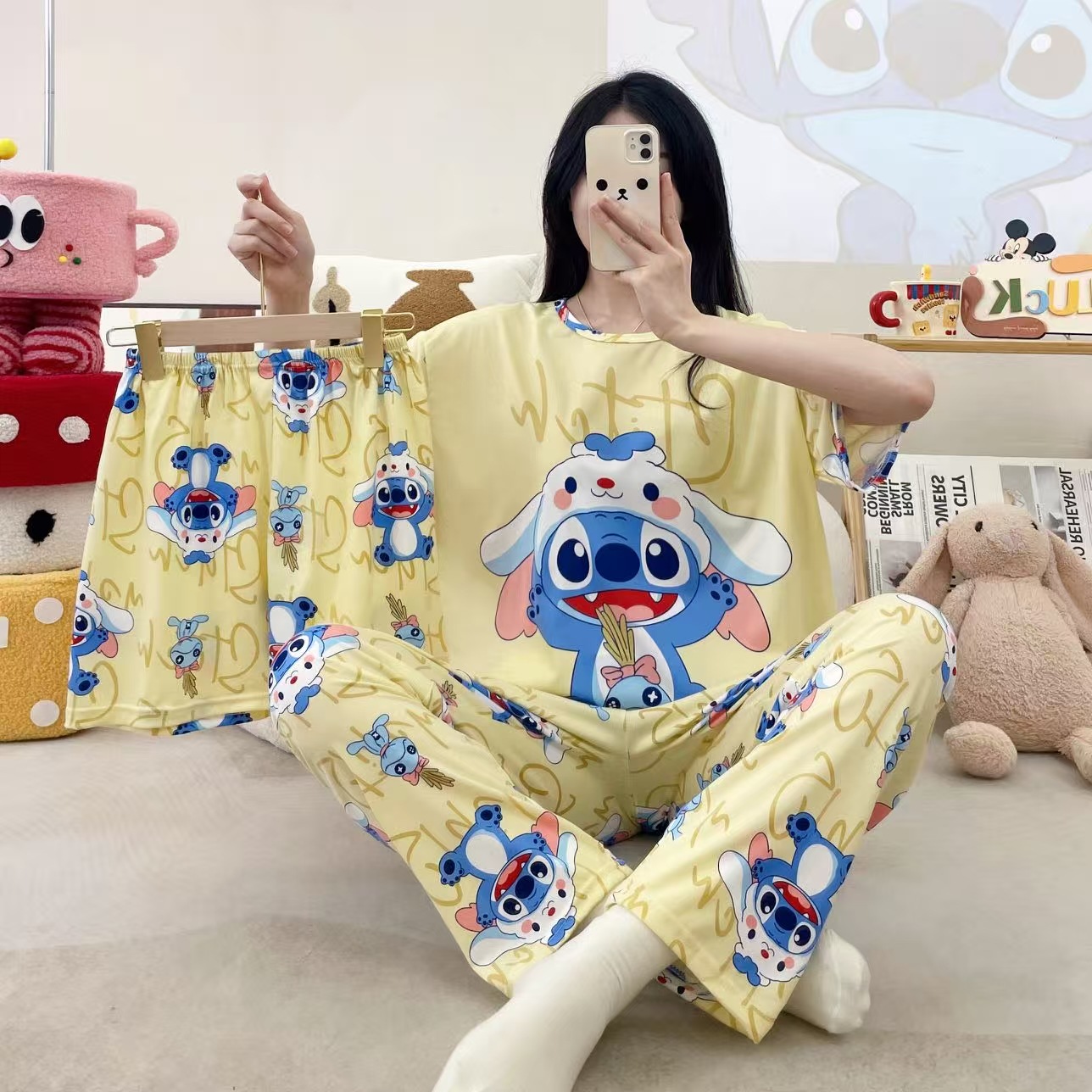 Pijamas de verano transfronterizos pijamas de leche de seda de tres piezas set de dibujos animados comercio exterior ropa para el hogar pantalones de mangas cortas lindos