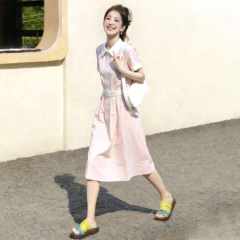 French-Style Pink Short-Sleeve Shirt Dress for Women, 2026 Spring Design, This Year's Trendy Beautiful Waist-Cinching Dress French-Style Pink Short-Sleeve Shirt Dress for Women, 2026 Spring Design, This Year's Trendy Beautiful Waist-Cinching Dress