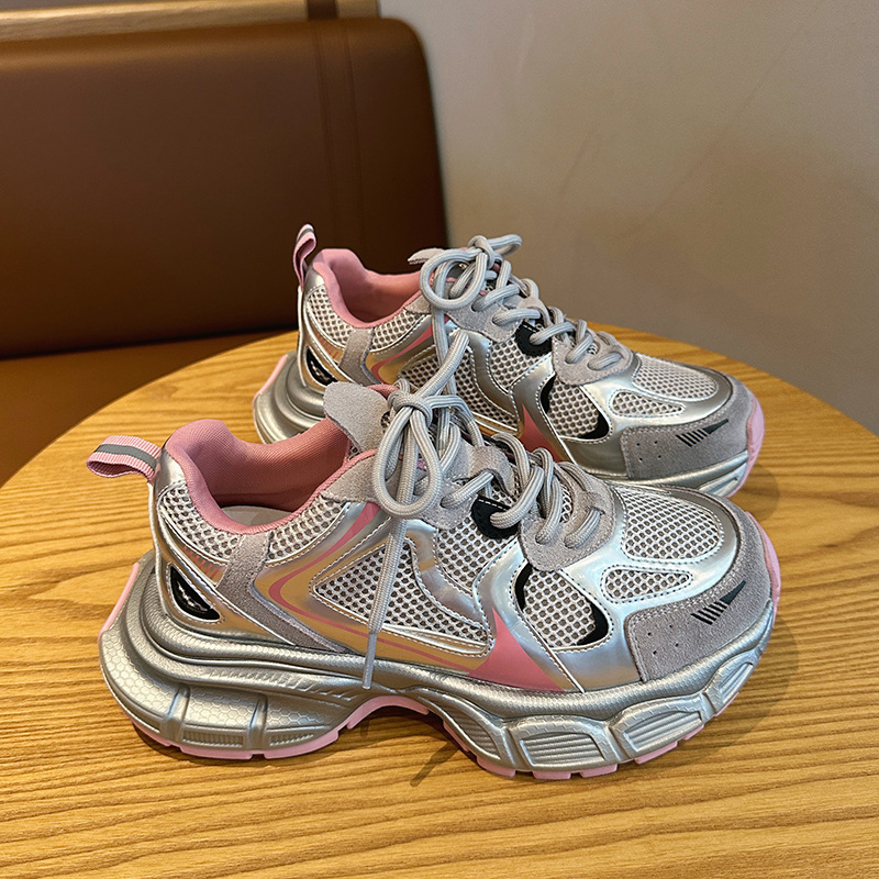 Zhao LuSi con zapatos de papá y mujer 2024 nueva primavera calles fritas con suela gruesa versátil plateada zapatillas deportivas casuales retro