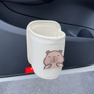 Cute electric vehicle cup holder, milk tea cup holder, car storage box, cartoon tea cup bucket, storage bag, large-capacity cup (Car cup holder/beverage holder) - gray-white-cup-holder-squinting-capybara