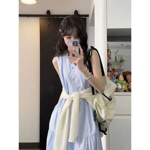 Blue Sleeveless Dress Women's Summer French Style Round Neck High Waist Cinched Slimming Midi Vacation Midi Dress