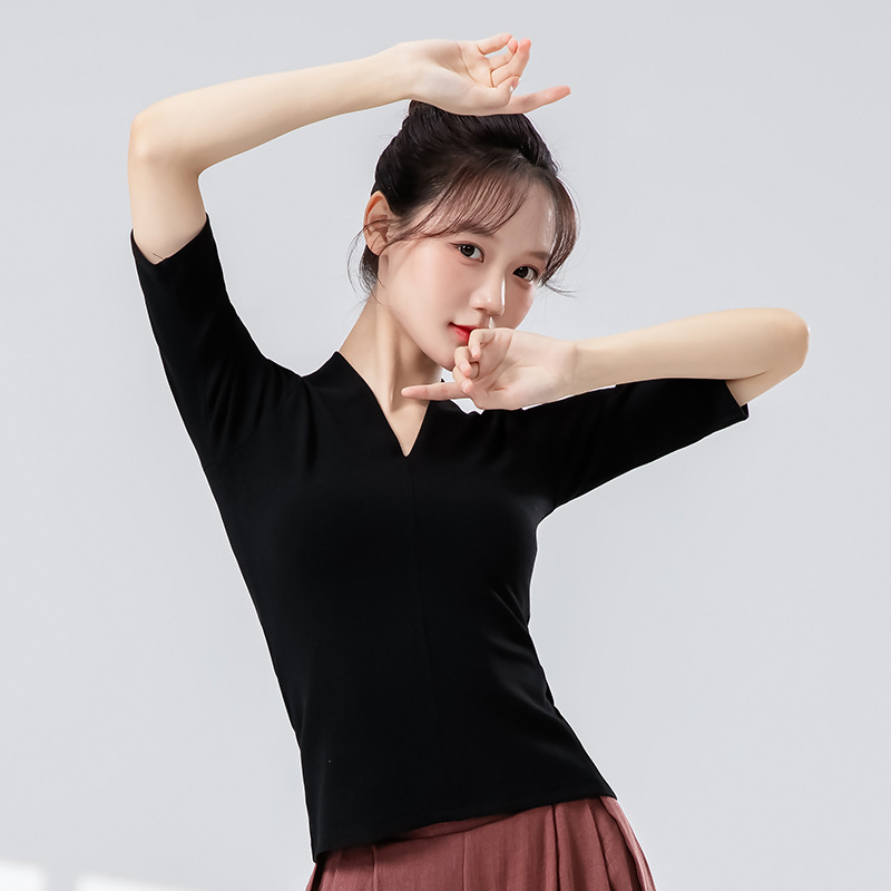 モダンダンス練習着 女性用 新型 Vネック スリムフィット 半袖ニットトップス 中国舞踊 日常体操 ダンスウェア|undefined