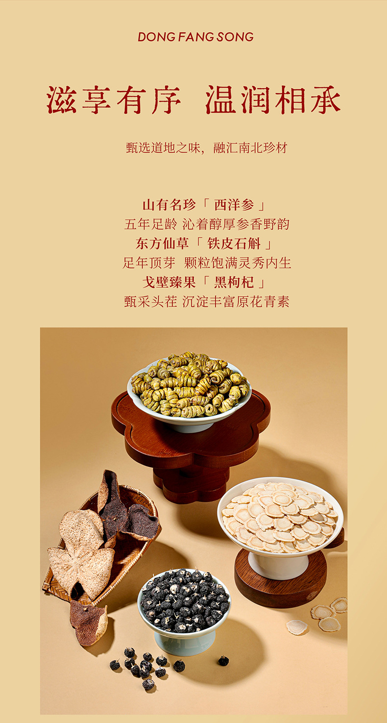 Dongfang Song Six Herb Gift Box with American Ginseng Purple Reishi and Black Goji Berry 215g New Year Horse Year Set in use
