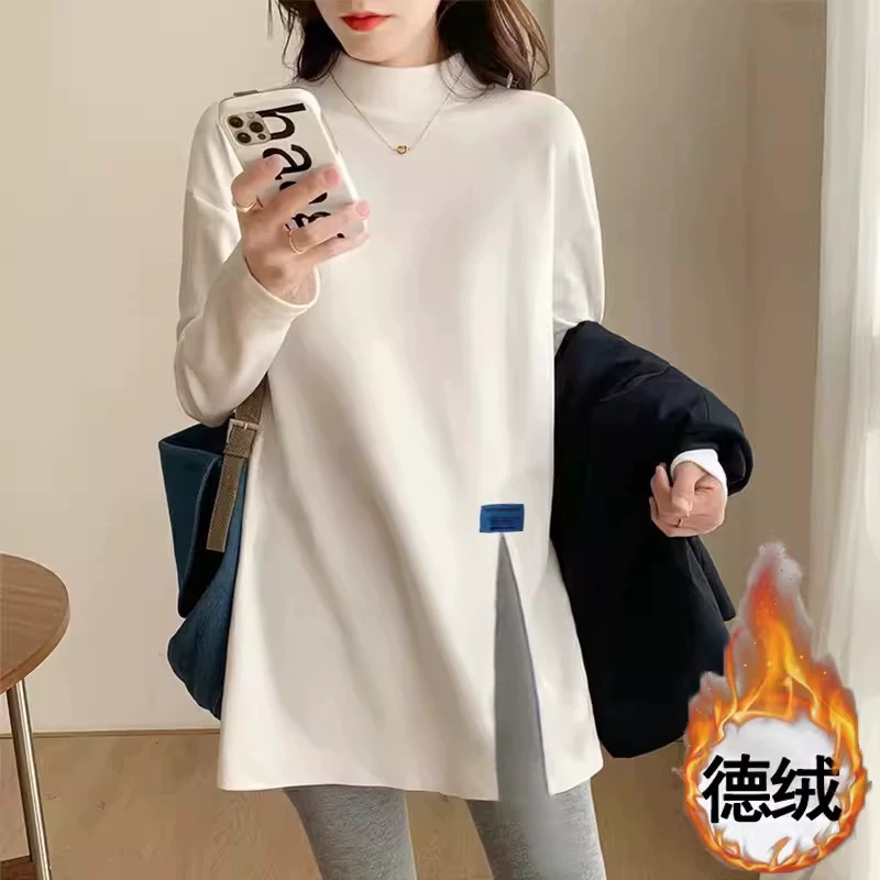 Немецкая бархатная осенне-зимняя нижняя рубашка Женская внутренняя футболка с длинными рукавами, свитер, складная Одежда, Длинный топ с разрезом на флисовой подкладке