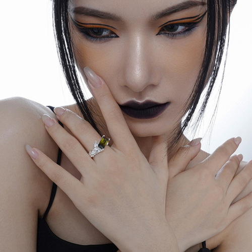 J1230 Korean version light luxury S925 sterling silver bead texture ring women's ins style open olive emerald index finger ring