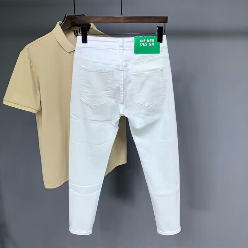 Jeans de lana simple para hombres verano nuevo estilo de moda moda para hombres elástico coreano casual delgado pies pequeños nueve pantalones