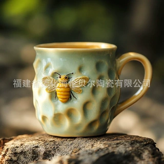 跨境热销浮雕蜜蜂造型陶瓷杯创意动物陶瓷咖啡杯牛奶杯陶瓷水杯