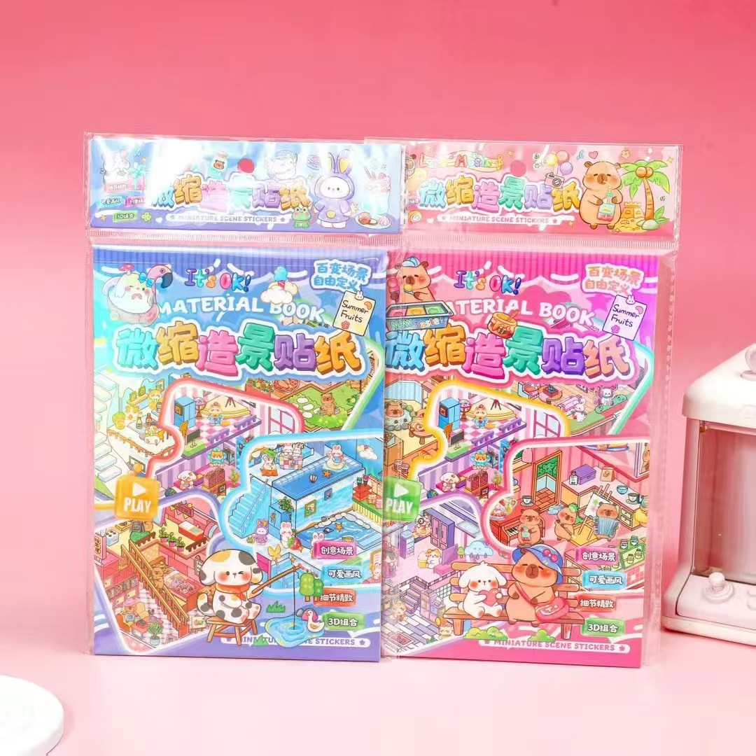 Colección de pegatinas de paisajismo tridimensional 3D de estilo de supermercado Ben Kapibala, libro de pegatinas de escena en miniatura hecho a mano para niños