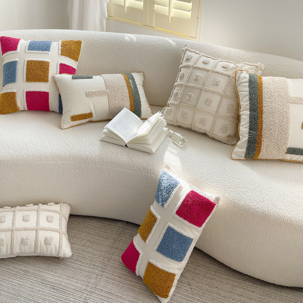 Kissenbezug aus Baumwoll-Canvas im nordischen Stil mit geometrischen Streifen und Stickereien, für Heimdekoration, Modellzimmer, Sofakissenbezug_voghion.com