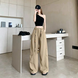 手工串珠腰带搭配复古绿弯刀裤女时尚新款慵懒抽褶阔腿休闲裤