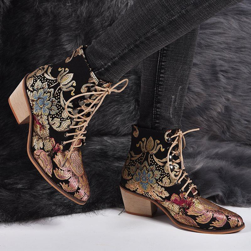 New thick heel embroidered women’s short boots跨境