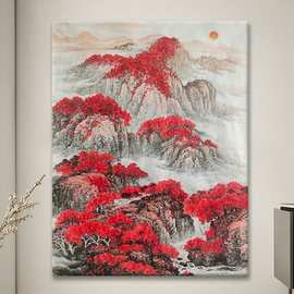 新中式鸿运当头手绘油画山水靠山国画客厅装饰画红色玄关肌理挂画